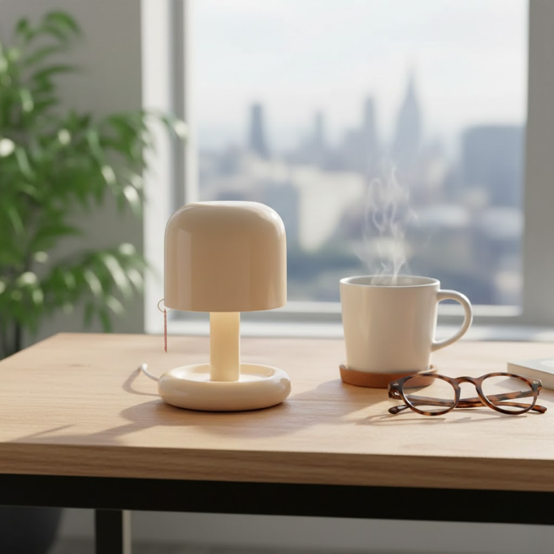 Compact mushroom table lamp with soft warm LED light