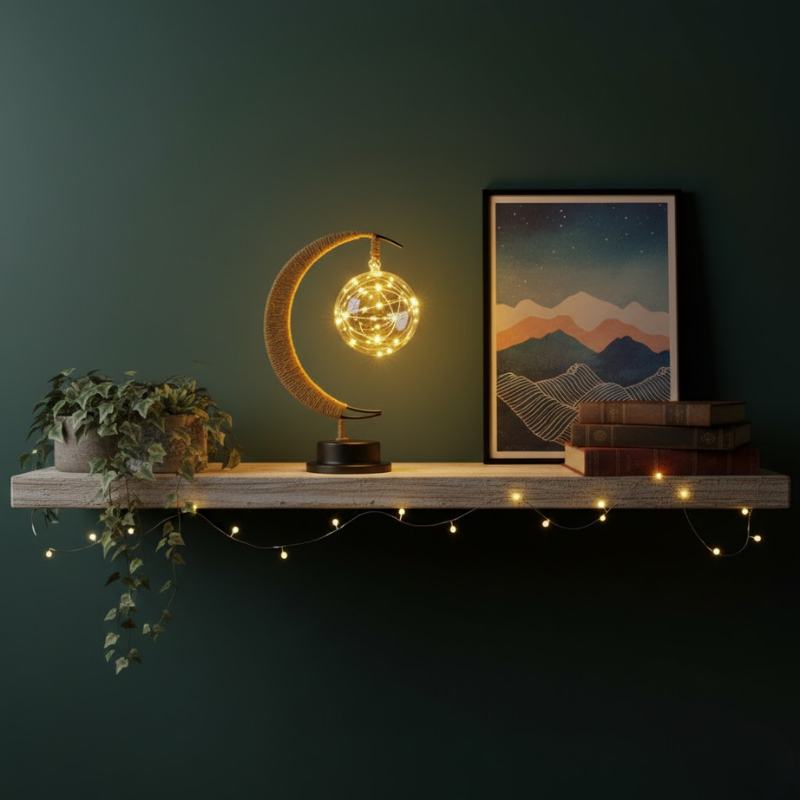 Decorative crescent moon table lamp with LED light globe