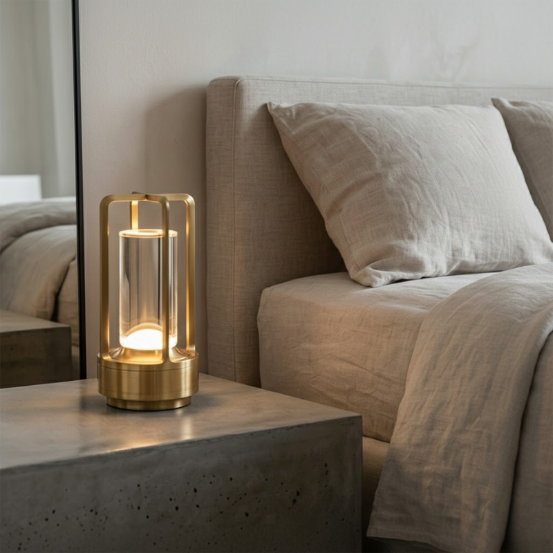 Portable outdoor table lamp with warm LED light