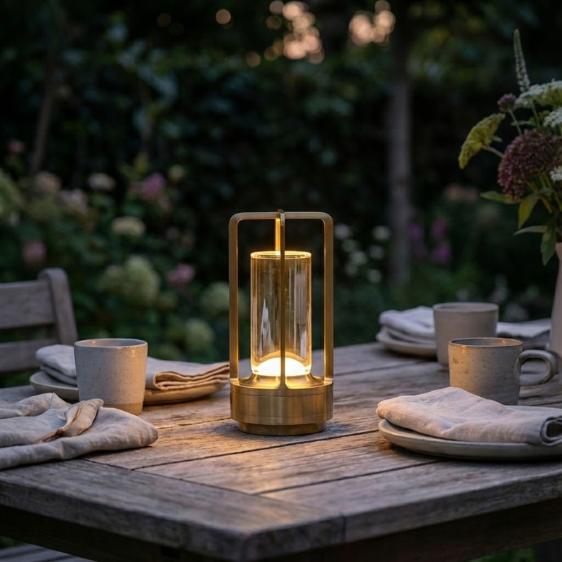 Portable outdoor table lamp with warm LED light