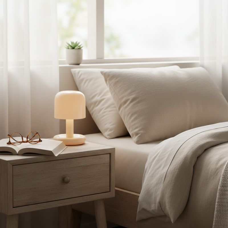 Compact mushroom table lamp with soft warm LED light