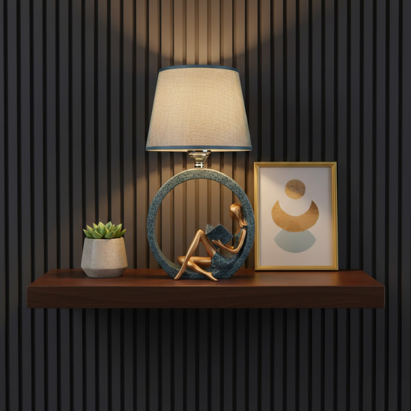 Decorative bedside table lamp with reading figure