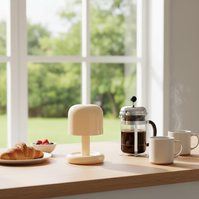 Compact mushroom table lamp with soft warm LED light