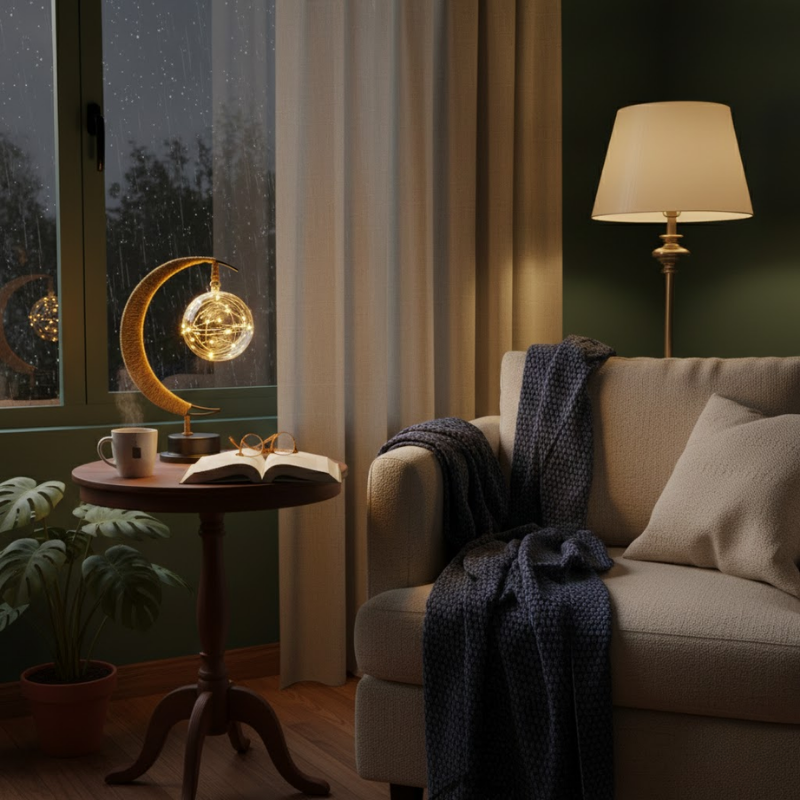 Decorative crescent moon table lamp with LED light globe