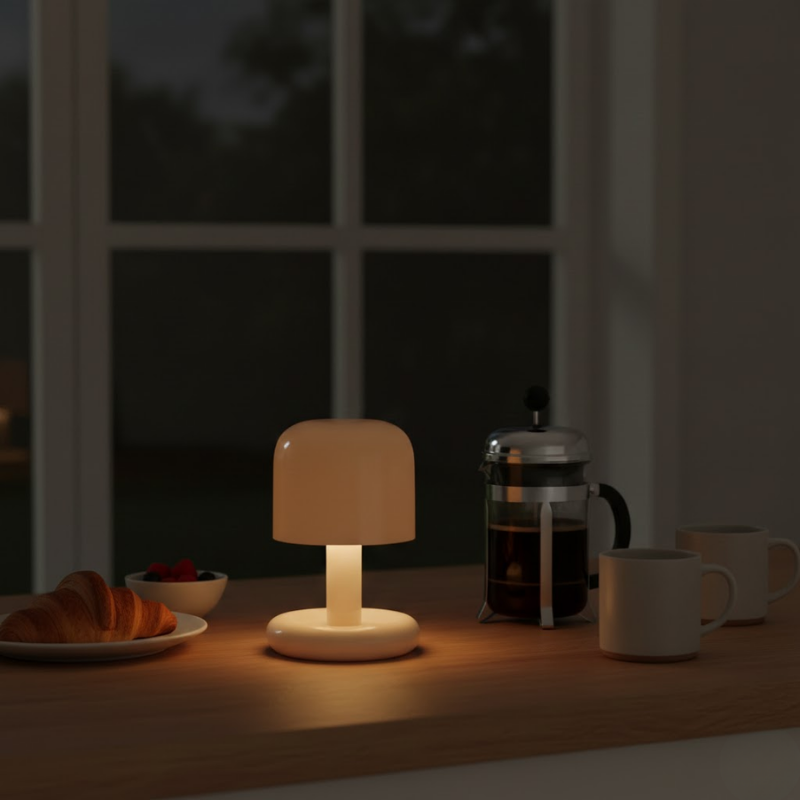 Compact mushroom table lamp with soft warm LED light