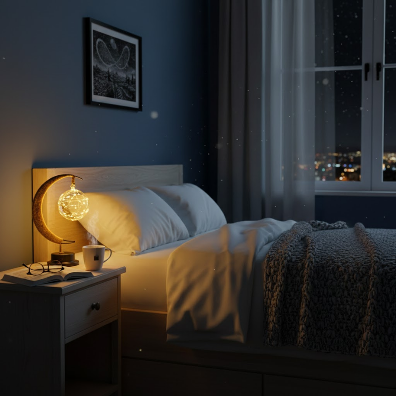 Decorative crescent moon table lamp with LED light globe